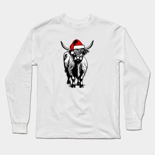 Christmas Highland Cow with Santa Hat Long Sleeve T-Shirt